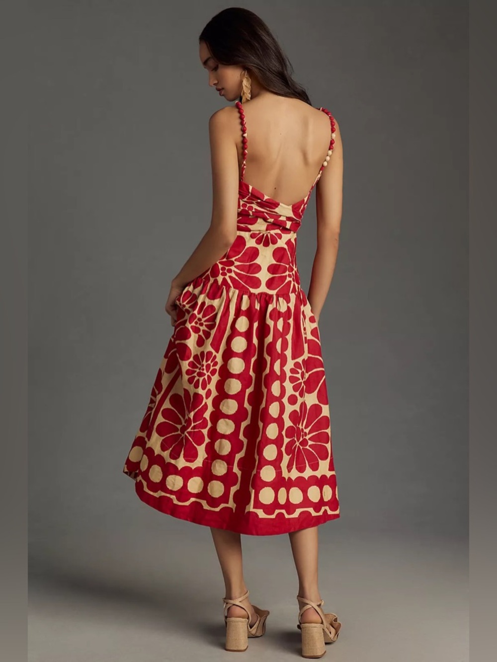 Farm Rio Palermo Sleeveless Midi Dress red floral linen - Picture 3 of 10